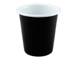 A black tumbler with a white interior, featuring a logo on the side.