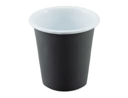 A tumbler featuring a black exterior and a white interior, with a logo on the side.
