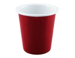 A red enamel tumbler with a white inner lining, 300ml capacity and 8cm height, featuring a logo.