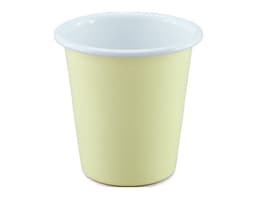 A tumbler featuring a pale yellow exterior with a white rim and an interior. Includes a logo on the surface.