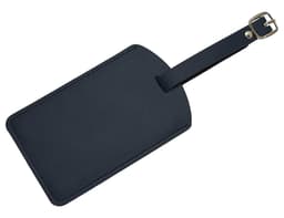 A black luggage tag made of leather with a buckle strap and no visible branding.