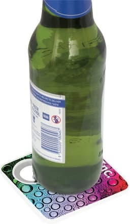 A drink bottle rests on a multicoloured coaster with a bottle opener, featuring a textured water droplet design.