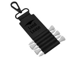 A black golf tee holder featuring multiple white tees and a clip for attachment. It includes a logo.