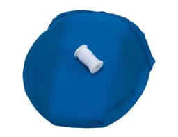 A blue kite with a white spool of string on top, designed for outdoor play. Features branding.