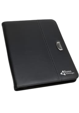 A black A4 zip portfolio with a smooth finish and a silver clasp, featuring a logo on the lower right corner.