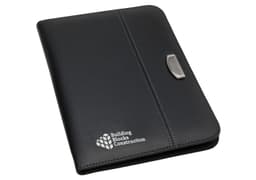 A black A5 portfolio featuring a textured surface and a metallic clasp, with a logo on the front.