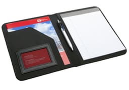 A black Meridian A5 portfolio with a notepad, pocket, and a pen included. It features a branded logo.