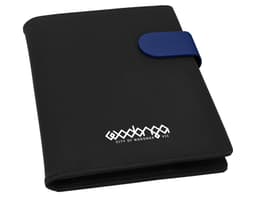 A black A5 portfolio with a blue clasp and a logo on the front, ideal for office and business use.