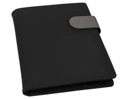 A black portfolio with a grey closure. It features a smooth finish and has a logo.