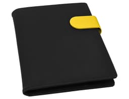 A black A5 portfolio with a yellow closure, featuring a logo on the front. Ideal for business use.