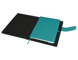 A teal portfolio with a black interior, featuring a notebook and a closure strap. It has a branding logo.