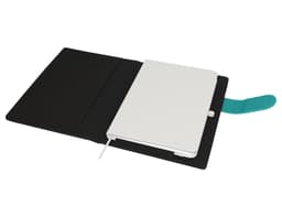 A black and turquoise A5 portfolio with a white notebook inside, featuring a flap cover and a bookmark.