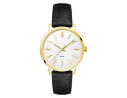 A gold ladies dress watch with a white dial and a black leather strap, featuring a minimalist design and a logo.