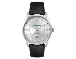 A men's casual dress watch featuring a silver face and a black leather strap, with a prominent logo on the dial.