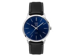 A men's dress watch with a blue dial and silver-tone hands, featuring a black leather strap and a logo.