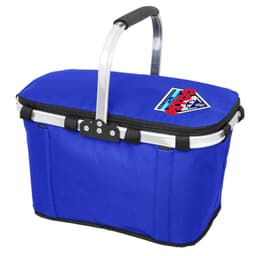 A blue picnic cooler bag with a sturdy handle and a logo on the side, featuring a zippered closure.