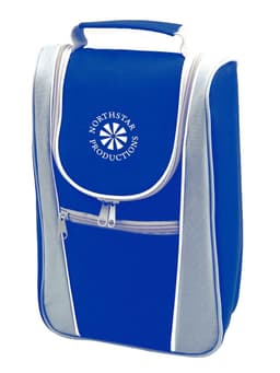 A drink bottle cooler bag in blue and grey, featuring a zippered front pocket and a logo on the flap.