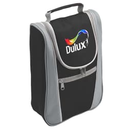 A drink bottle cooler in black and grey, featuring a top handle and a front zip pocket, with a logo.