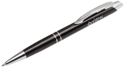 A black metal pen with a chrome clip and accents, featuring a logo on the barrel.