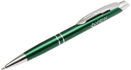 A metal pen with a shiny green barrel and chrome accents, featuring a branding logo.
