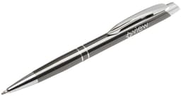 A metal pen in a sleek silver design with a chrome clip and grip, featuring a branding logo.