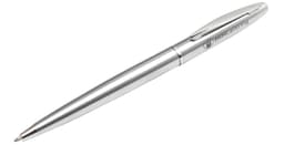 A silver metal pen with a sleek design and a logo on the side.