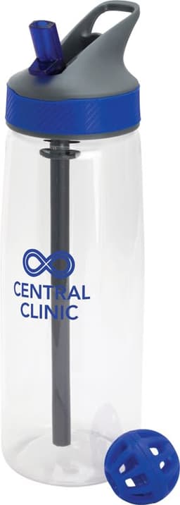 A drink bottle in clear plastic with a grey and blue lid, features a straw and a blue mixing ball. It has a logo.