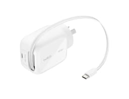 A white Belkin 45W retractable GaN wall charger with a USB-C cable attached and a small logo.