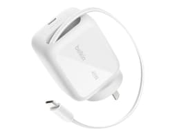 A white 45W wall charger with a retractable design and a USB-C cable attached, featuring a logo.