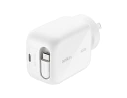 A white 45W retractable GaN wall charger featuring a compact design and a logo.