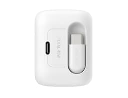 A compact white wall charger with a retractable USB-C cable, featuring a logo and a maximum output of 45W.