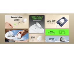 A wall charger with a retractable cable, featuring a USB-C port and a white design, with branding visible.