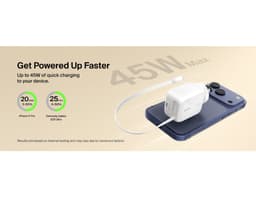 A white retractable GaN wall charger with a cable, placed on a smartphone, featuring a logo.