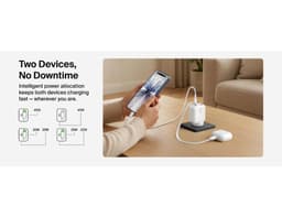A wall charger with a retractable design, featuring two USB-C ports and an adjustable power output, set on a wooden table.