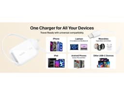 A white wall charger with a retractable design and a USB-C port, featuring a logo and compatible with various devices.