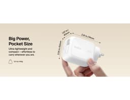 A compact white wall charger with a retractable plug, featuring a sleek design and a logo.