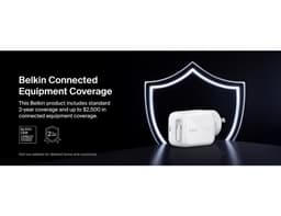 A white, rectangular wall charger with a retractable plug, featuring a logo and equipped with a protective shield design.