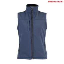 A navy blue softshell vest featuring a high collar and zippered front pockets, with a logo on the top right.