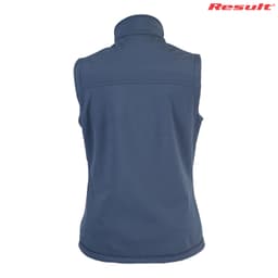 A navy blue ladies' softshell vest featuring a high collar and no sleeves, with a logo on the top right.