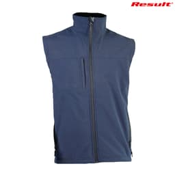 A navy blue adults classic softshell vest featuring a zippered front and pockets, with a logo displayed.