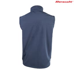 A blue softshell vest with a high collar and no sleeves, featuring a logo.