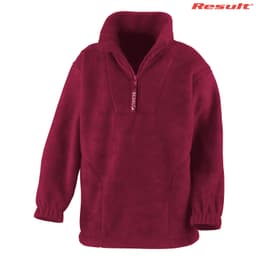A maroon Polartherm quarter-zip jumper with a mandarin collar and elasticated cuffs. Features branding on the side.