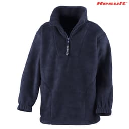 A navy polar fleece jumper featuring a quarter zip and a high collar. It has elasticated cuffs and a logo.
