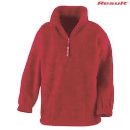 A red Polartherm quarter-zip top made from polar fleece, featuring a logo and elasticated cuffs.