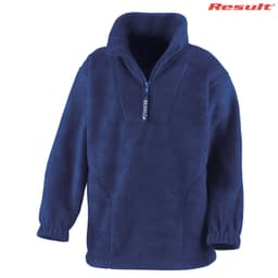 A navy polar fleece jumper featuring a quarter zip and elasticated cuffs, with a branding logo.