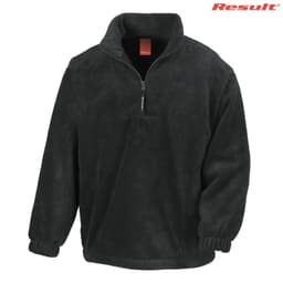 A black polar fleece quarter zip top with a high collar and elastic cuffs, featuring a brand logo.