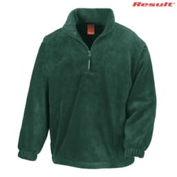 A green fleece jumper with a quarter zip, featuring elastic cuffs and a branded logo.
