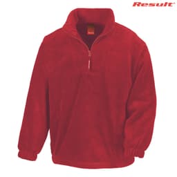 A red polar fleece quarter-zip jumper with elasticised cuffs and a high collar, featuring a logo.
