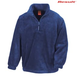 A navy blue polar fleece quarter-zip jumper with a collar and elasticated cuffs. It has a logo on the top right.