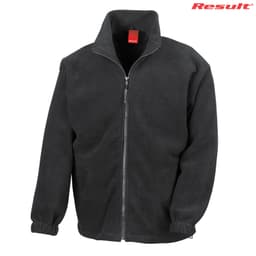A full zip polar fleece jumper in black, featuring a high collar and elastic cuffs, with a logo on the side.